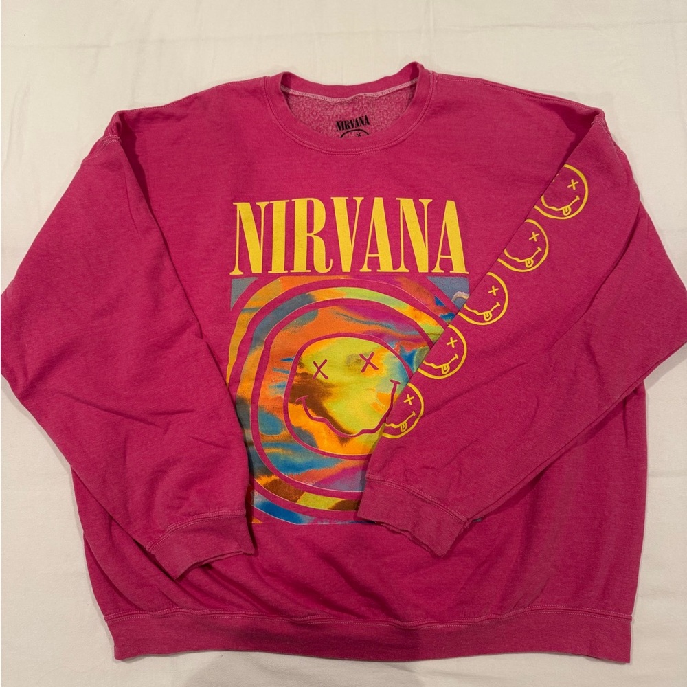 Urban Outfitters Nirvana Smile Crew Neck Sweatshirt Pink